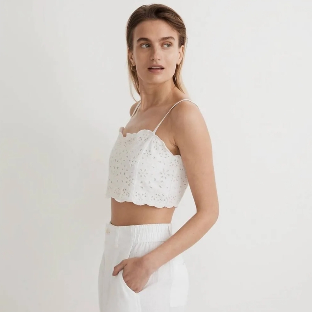 Madewell Eyelet Linen-Blend Crop Tank Top in Cream, Size 12 - Picture 2 of 11